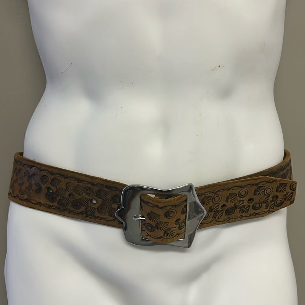 Brown Western Leather Embossed Floral Inspired Belt with Shiny Silver Hardware